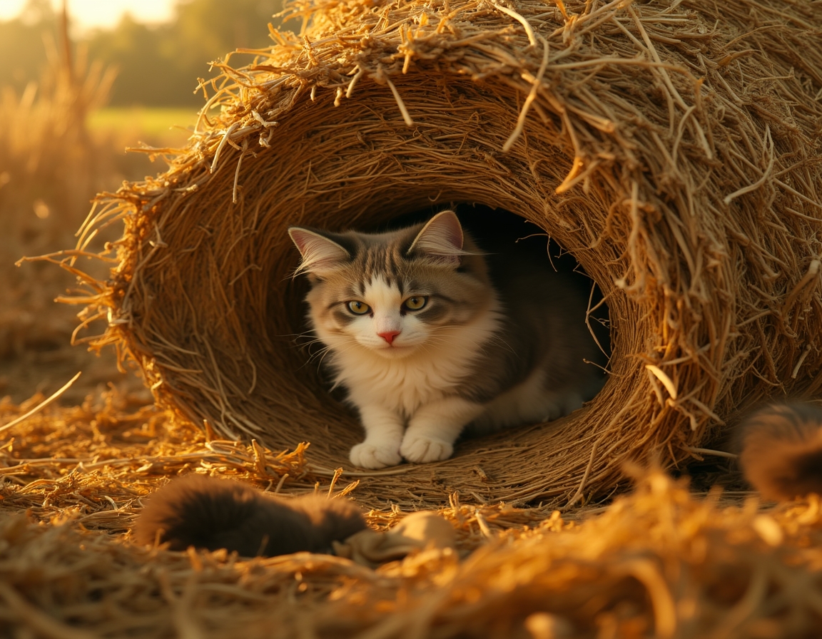 Cat finds a cozy nook within a haystack, soaking in the warmth and calm of the farm.